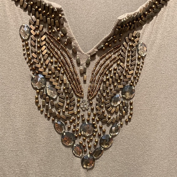 AVA Olive Green 3/4 Sleeve Embellished Top W/Brass/Copper/Smokey Beads - Sz M - Picture 8 of 11